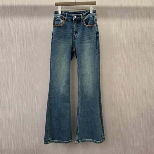 初溯2025冬季新款欧货女拼色口袋高腰加绒修身显瘦微喇牛仔裤长裤