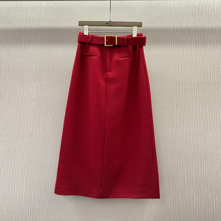 2025秋冬新款欧货女装羊毛呢高腰红色半身裙通勤显瘦金扣腰带长裙