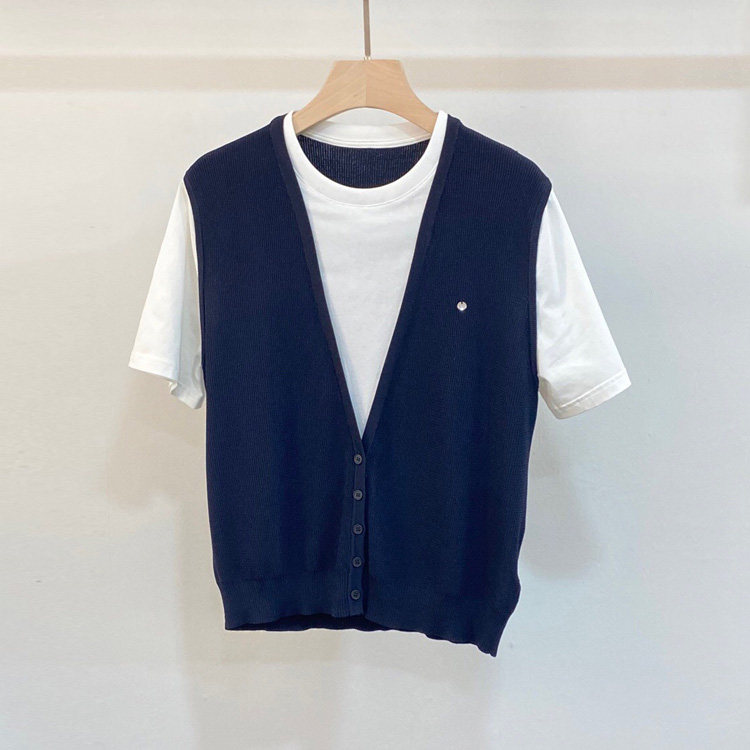 初溯2026春夏新款欧货女装简约百搭假两件V领短袖针织衫减龄上衣