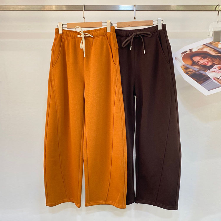 初溯2025冬季新款欧货女松绑带松紧腰加绒保暖精梳棉休闲裤弯刀裤