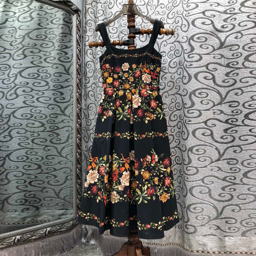 初溯家2026早春新款欧货女装复古印花高腰收腰棉质a摆吊带连衣裙