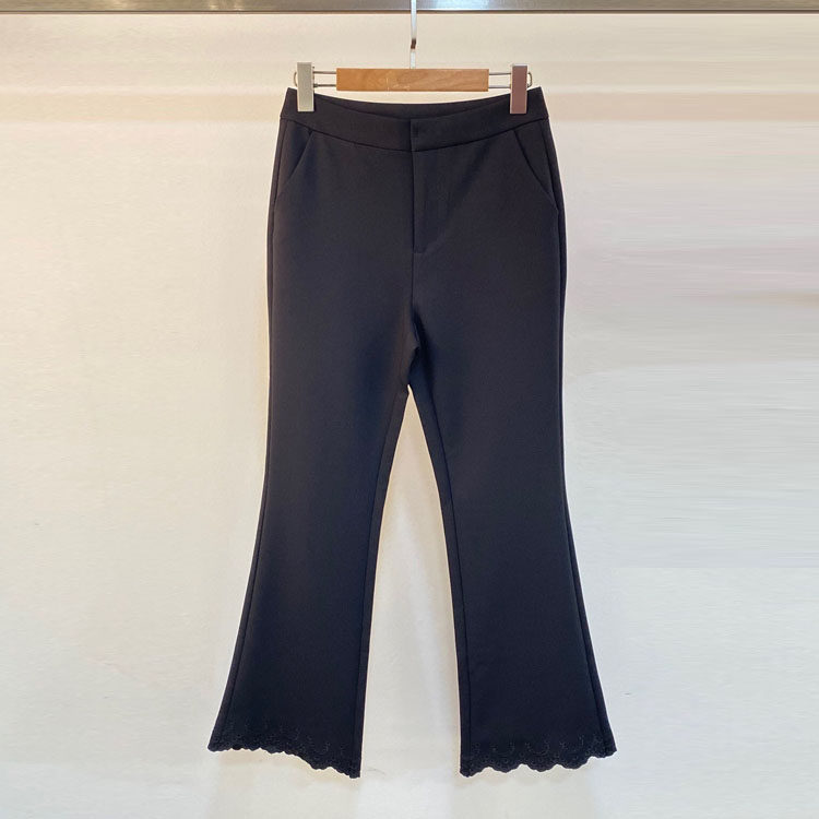 初溯2025早秋新品欧货女刺绣花边裤脚弹力修身百搭微喇九分裤西裤