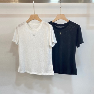 初溯2026夏季新款欧货女装烫钻字母莱赛尔亚麻棉圆领短袖t恤上衣