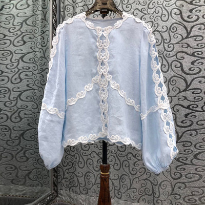 法初溯家2026早春新款欧货女装式亚麻水溶花边衬衫女镂空袖边上衣