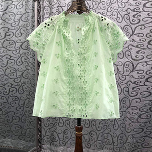 初溯家2026夏季新款欧货女装镂空刺绣宽松短袖套头衬衫减龄上衣