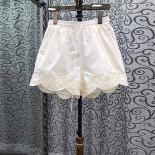 女松紧腰抽绳休闲裤 欧货刺绣波浪边短裤 显瘦 新款 初溯家2026夏季