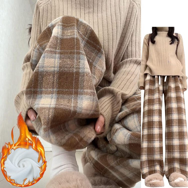 咖色氛围感格子阔腿裤女秋冬季2024新款小个子加绒加厚毛呢休闲裤
