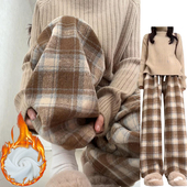 小个子加绒加厚毛呢休闲裤 2026新款 女秋冬季 咖色氛围感格子阔腿裤