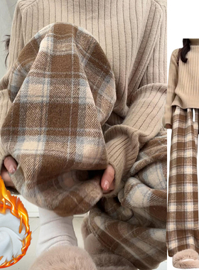 咖色氛围感格子阔腿裤女秋冬季2024新款小个子加绒加厚毛呢休闲裤