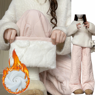 防寒保暖加绒高腰直筒裤 2025新款 女秋冬季 粉色羊羔绒加厚东北棉裤