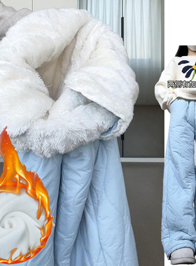 蓝色加绒防寒束脚卫裤女秋冬2025新款加厚垂坠感高腰显瘦东北棉裤