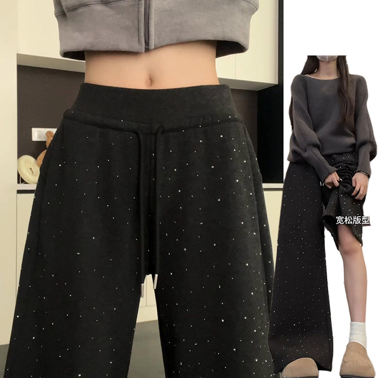 黑灰色小众爆闪烫钻裤子女秋冬2026新款慵懒风显瘦加绒加厚阔腿裤,女装/女士精品,休闲裤,淘宝优惠券,粉丝福利购,淘宝优惠卷