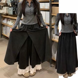 韩系设计感蕾丝花边裙裤女秋冬季2026新款小众拼接开叉高腰阔腿裤