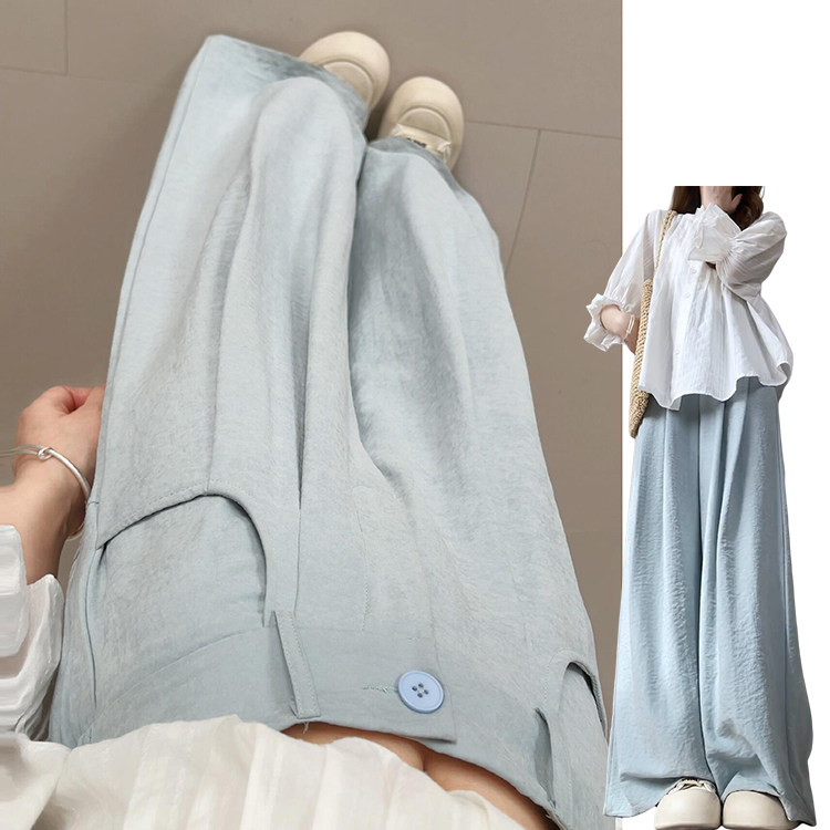 蓝色奶芙小清新褶皱西装裤女夏季薄款2026新款冰丝肌理显瘦休闲裤图片