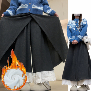 慵懒感加绒加厚保暖休闲裤 复古风灰色蕾丝花边裙裤 女秋冬2025新款