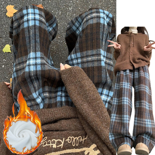 秋冬加绒加厚蓝色毛呢格子裤女2025新款松弛感显瘦宽松高腰休闲裤