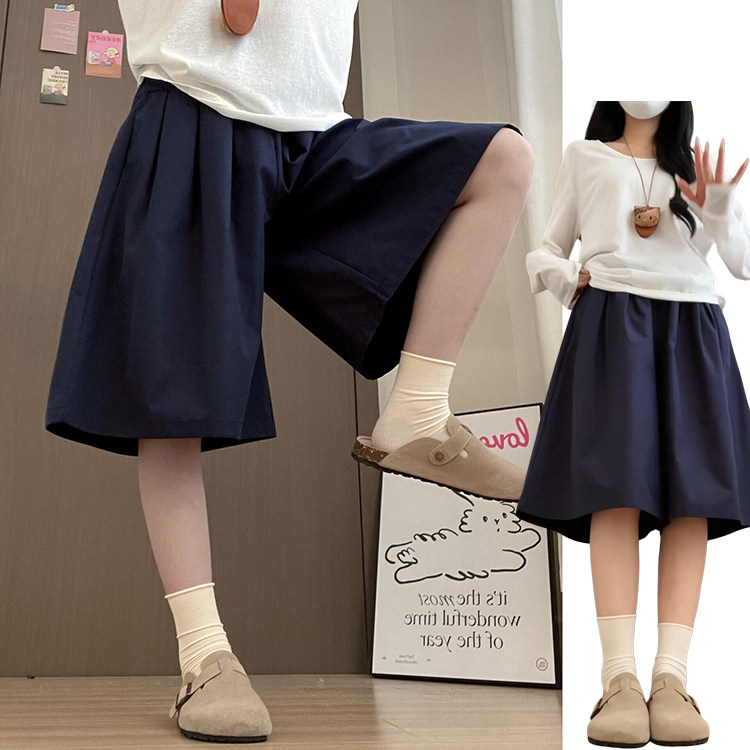 藏青色高腰a字阔腿裙裤女春夏季2026新款韩系慵懒休闲百搭七分裤