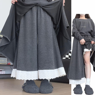 宽松显瘦休闲裤 灰色复古蕾丝花边裙裤 慵懒风时尚 2025新款 女秋冬季