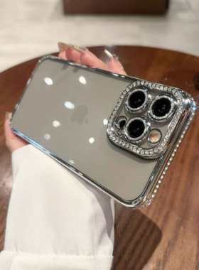 高级感水钻边框适用苹果17promax手机壳新款iphone16pro闪粉镜头膜13硅胶全包防摔透明15p轻奢超薄简约14女款