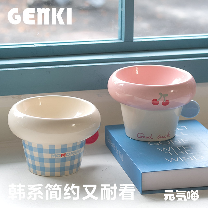 元気喵丨陶瓷碗猫碗韩系猫咪吃饭狗狗喝水碗粮碗高脚釉下彩宠物碗