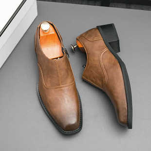 原创5cm高跟方头皮鞋男士中跟日常休闲手抓纹商务正装增高德比鞋
