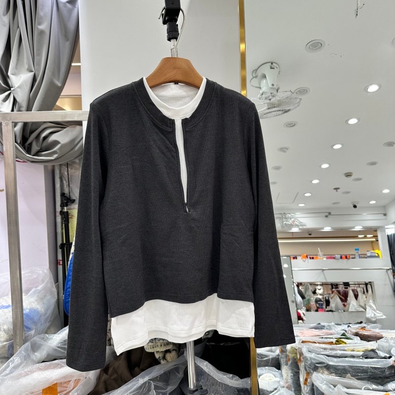 韩系拼接假两件T恤衫上衣