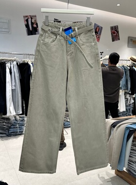 GD90086正品春季新款高腰宽松显瘦百搭配腰带拿铁色阔腿牛仔裤女