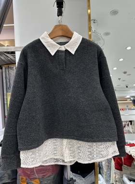 欧洲站2025年新款韩系针织拼接蕾丝翻领假两件套头羊毛针织卫衣女