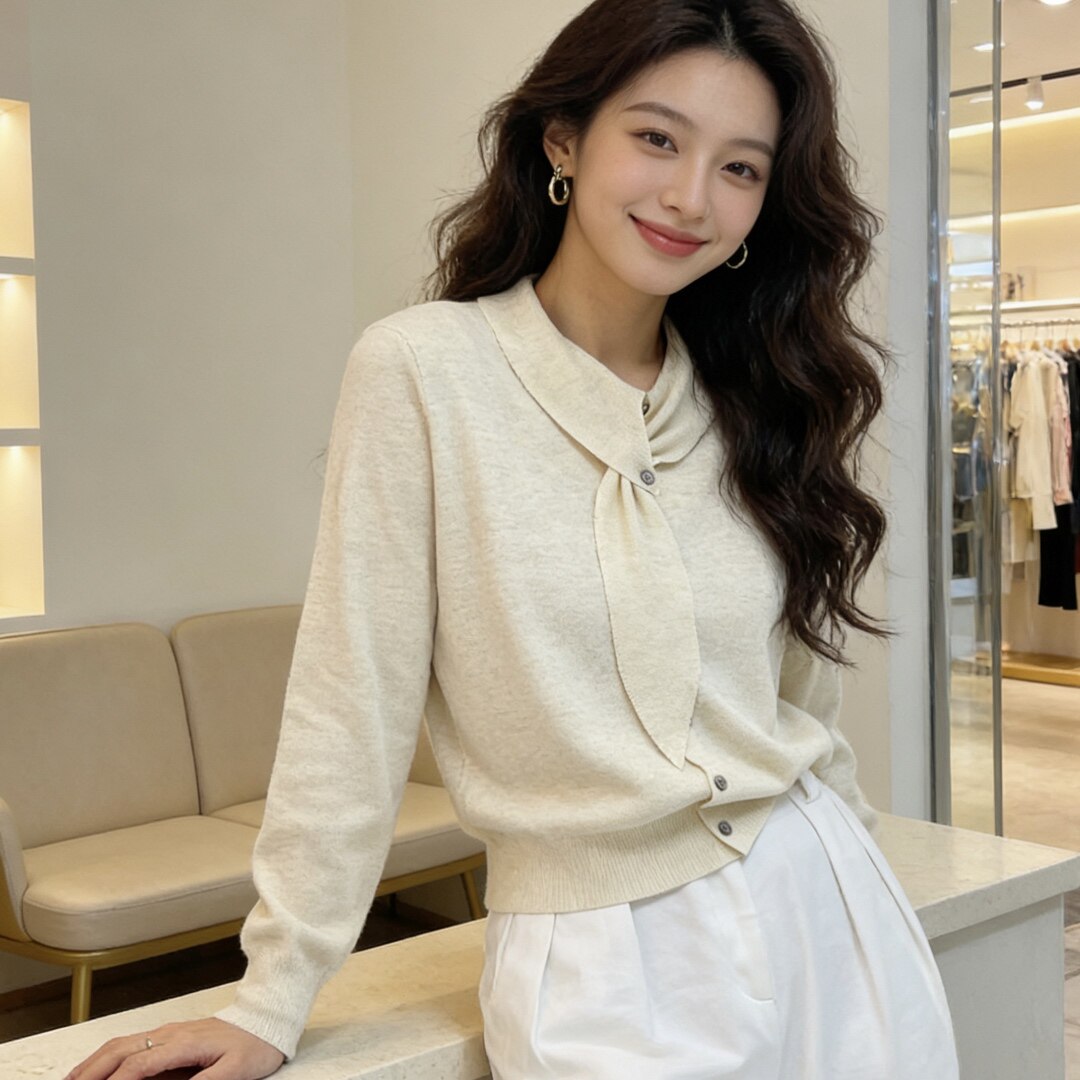 针织衫女2026年春季新款时尚领结设计显瘦套头糖果色松弛感毛衣潮