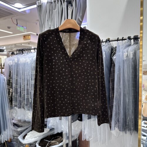 HMY3286正版V领丝绒点点上衣