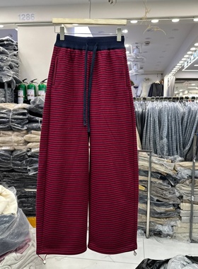 FANKO梵寇6637冬季新款双色腰头裤脚可抽绳加绒加厚条纹阔腿裤女