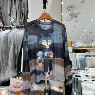 YZOY6933正品春季新款韩版圆领扎染印花卡通图案网纱T恤衫上衣女