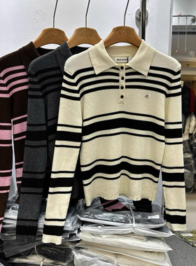 NICE奈斯8581正版冬季韩版时尚半纽扣翻领撞色条纹羊毛针织衫女装