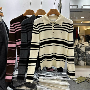 冬季 女装 韩版 半纽扣翻领撞色条纹羊毛针织衫 时尚 NICE奈斯8581正版