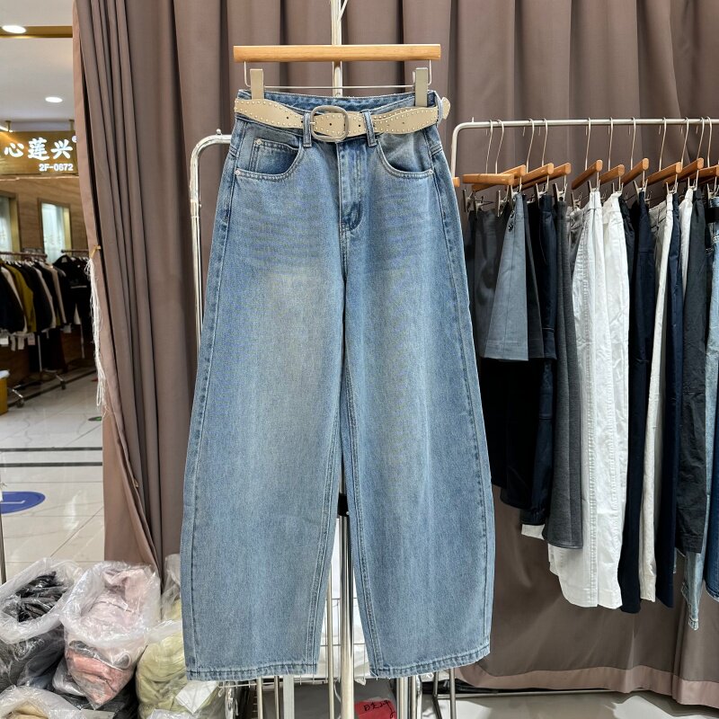 欧洲站2026春季新款高腰复古水洗蓝宽松显瘦百搭高货阔腿牛仔裤女