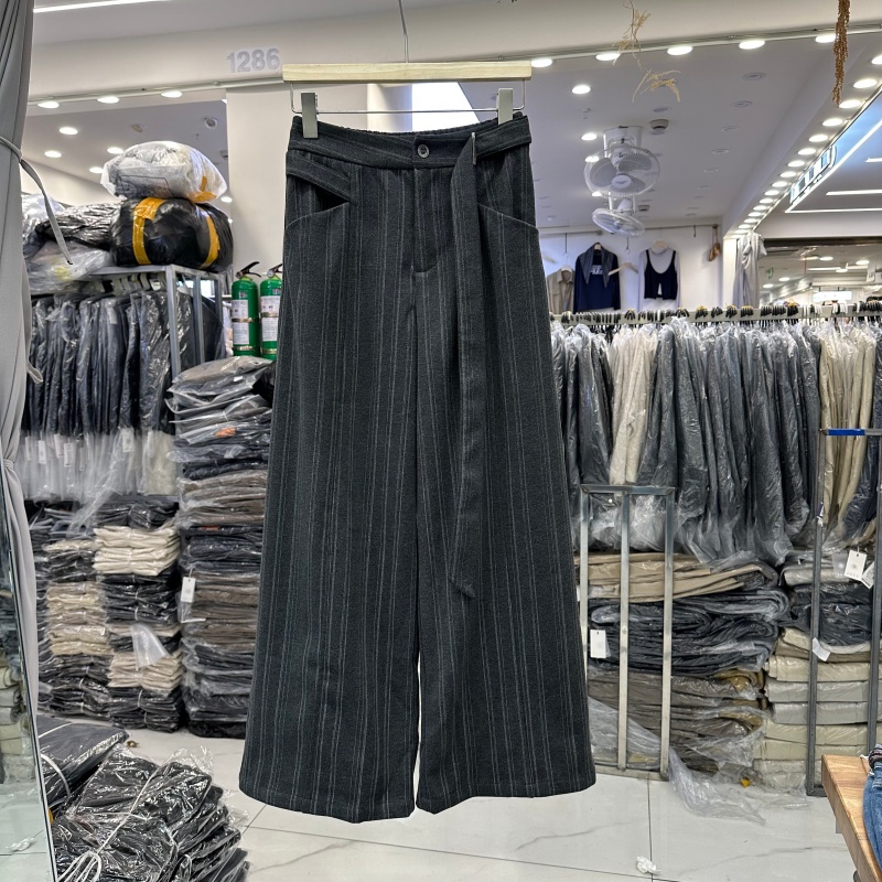 欧洲站竖条纹加绒阔腿裤长裤