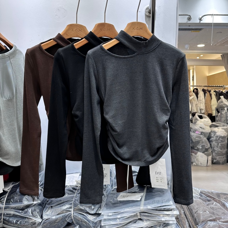 DU71779露肩设计加绒T恤衫