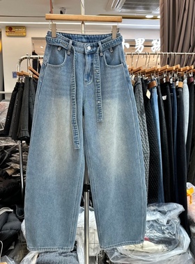 欧洲站2025年冬季新款宽松显瘦百搭同系腰带阔腿弯刀牛仔裤女长裤
