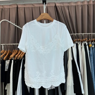 新品 蕾丝吊带外罩衫 韩版 T恤衫 叠穿两件套女 白色短袖 2026年春夏季