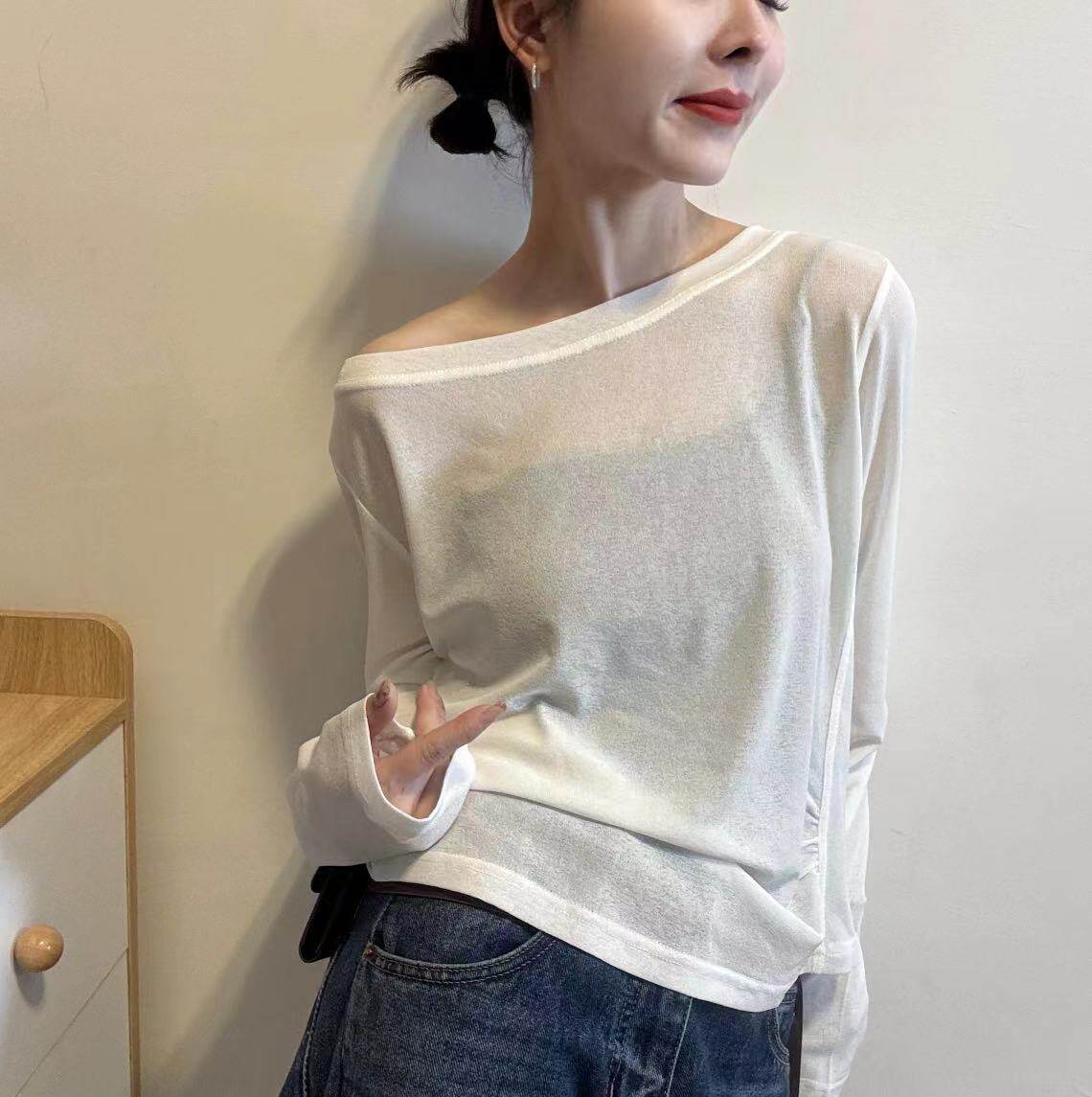 2026年夏季新款时尚一字领拉肩纯欲长袖防晒休闲T恤衫上衣女ins潮