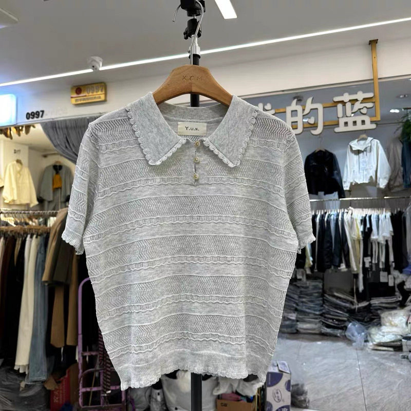 Y.U.N8282正版夏季新款半纽扣花边翻领显瘦松弛感针织衫上衣女装