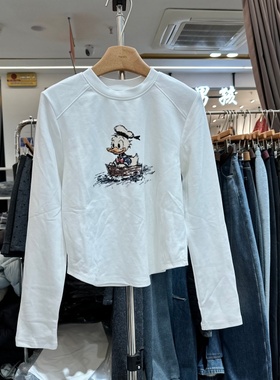 YHS壹禾色91932正版冬季新款韩版卡通鸭印花显瘦百搭加绒T恤衫女