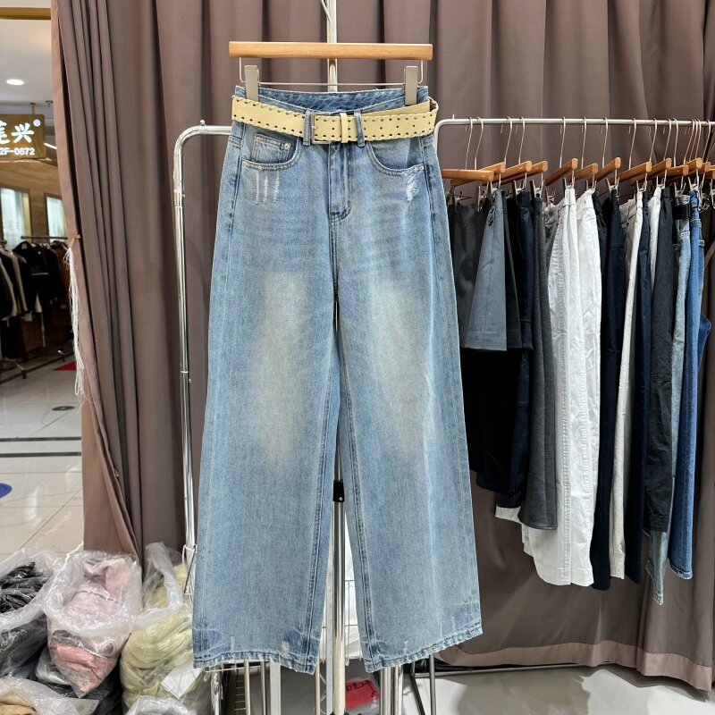 欧洲站2026年春季新款复古水洗蓝磨破宽松显瘦百搭阔腿牛仔裤女潮