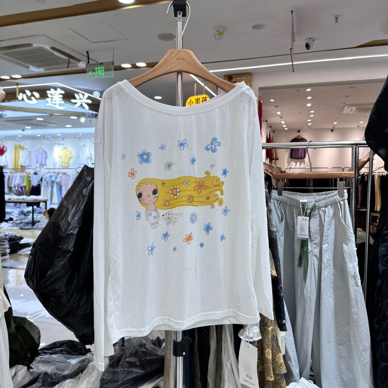 83A81583正版夏季新款韩系印花一字领拉肩长袖防晒T恤上衣女ins潮
