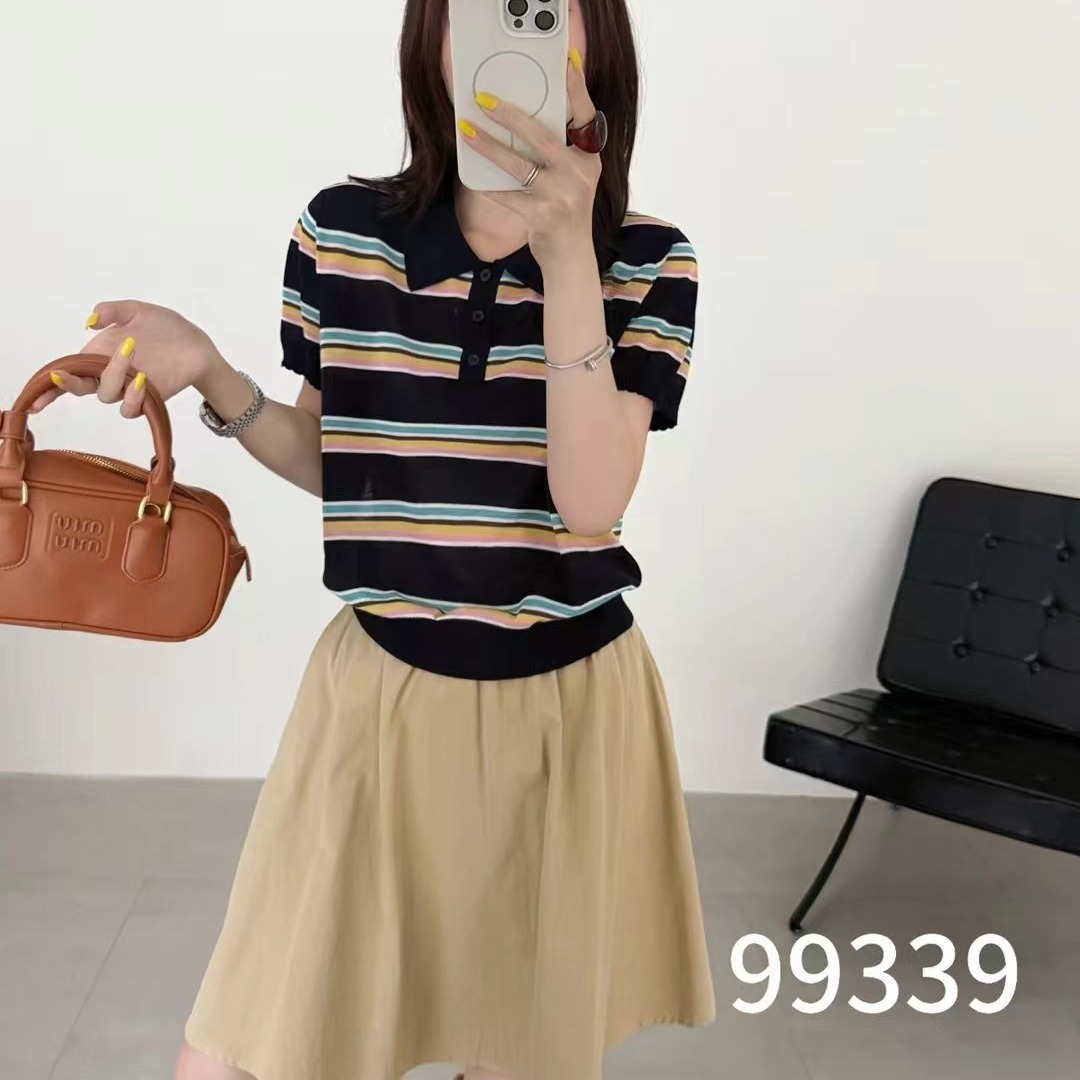 半纽扣翻领条纹冰丝针织衫