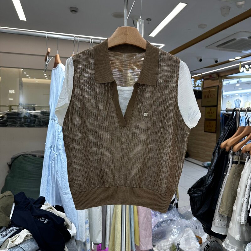 2026年夏季新款老钱风POLO领拼接色假两件通勤冰丝针织衫上衣女装