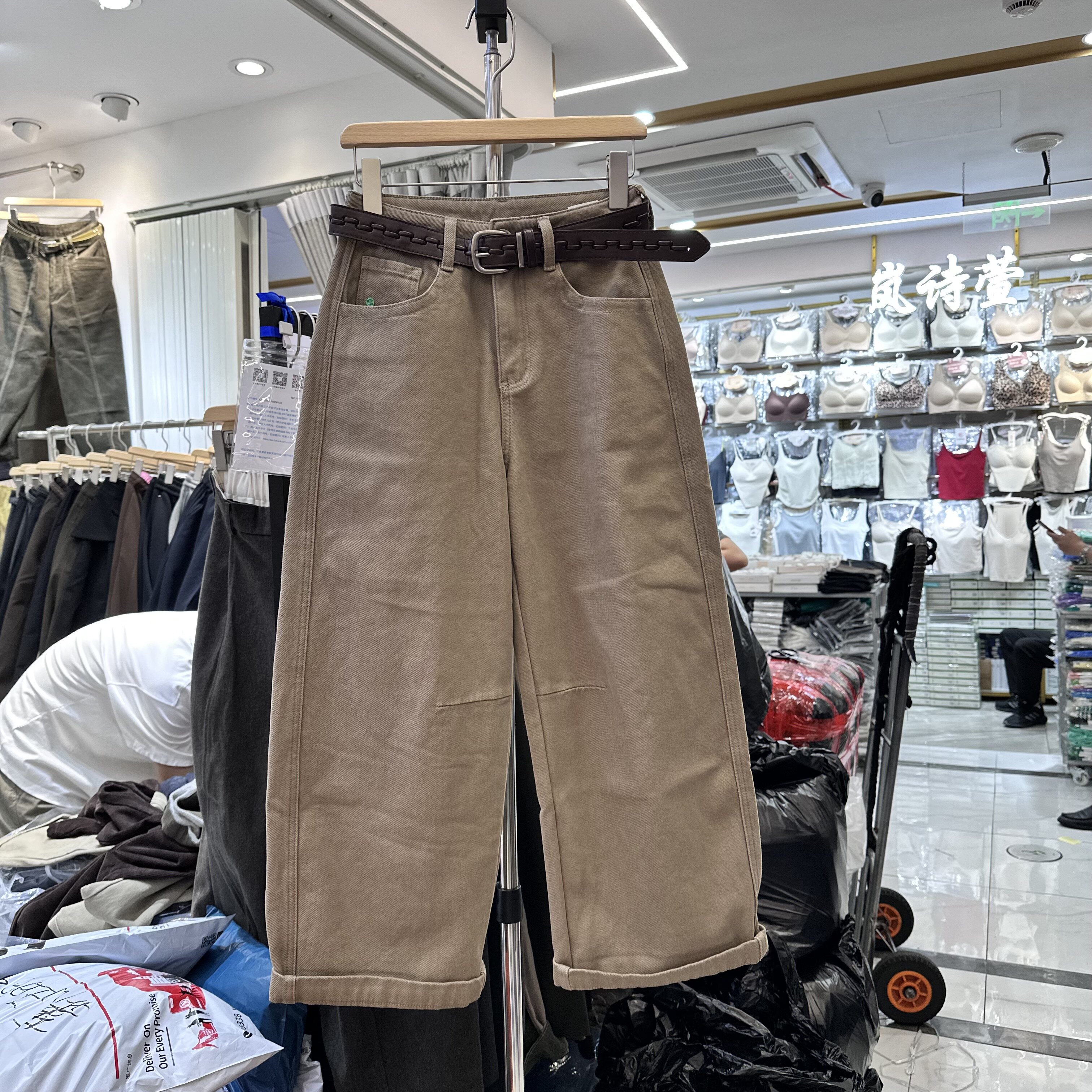 高腰卡其色显瘦牛仔阔腿九分裤