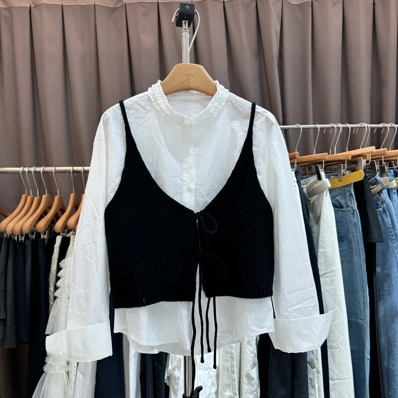 2026年春夏季法式木耳边衬衫+针织吊带背心叠穿两件套减龄上衣女