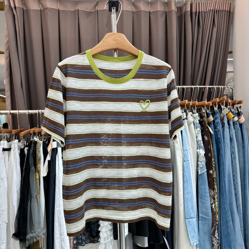 冰丝针织衫女2026年夏季新款重工艺刺绣爱心撞色条纹短袖套头上衣