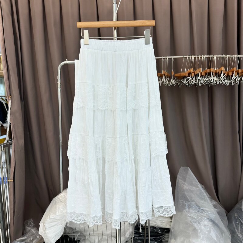 HR.77 637正版春季新款拼接蕾丝花边显瘦中长款白色半身裙女超仙